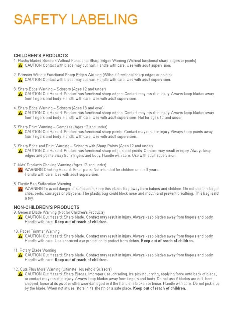 Safety Labeling Children'S Products PDF Scissors Blade