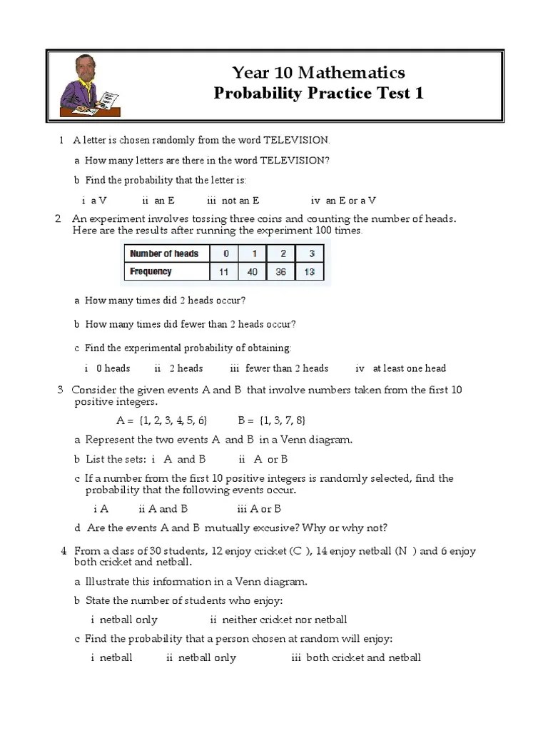 Year 10 Mathematics Probability Practice Test 1 Odds Probability