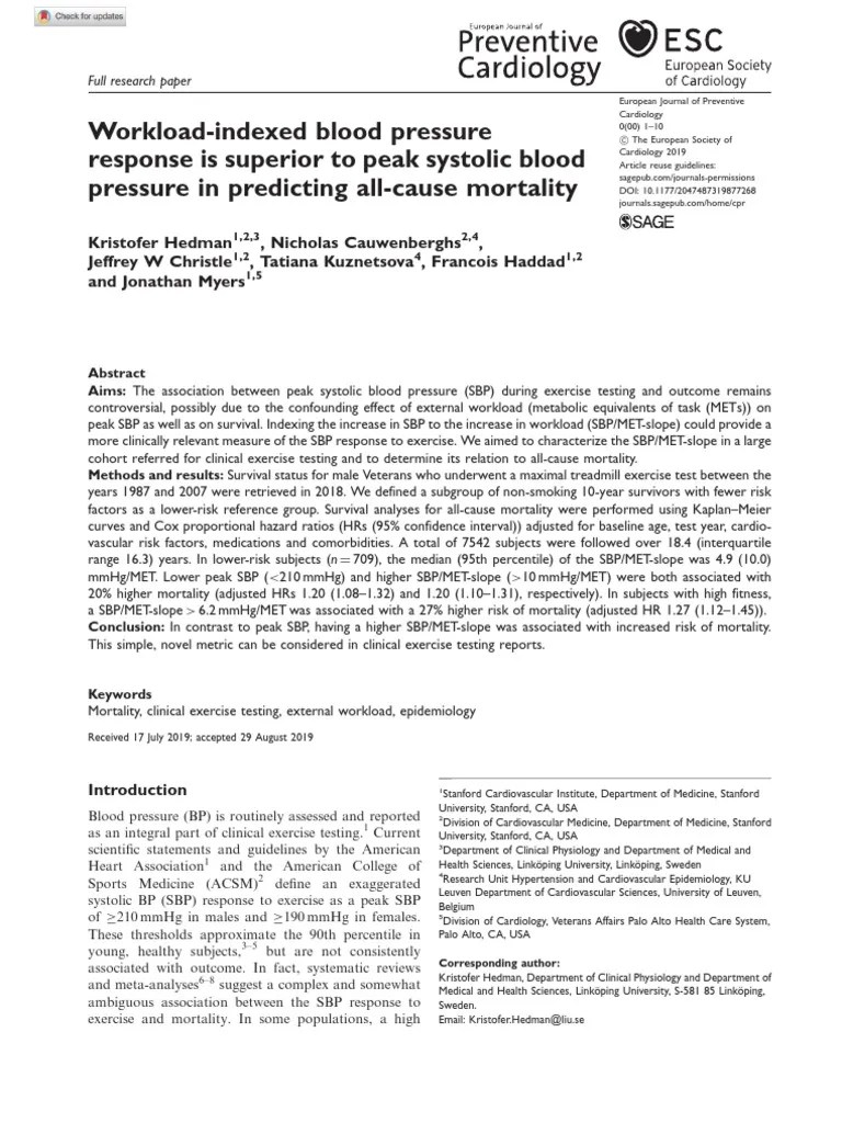 WorkloadIndexed Blood Pressure Response Is Superior To Peak Systolic