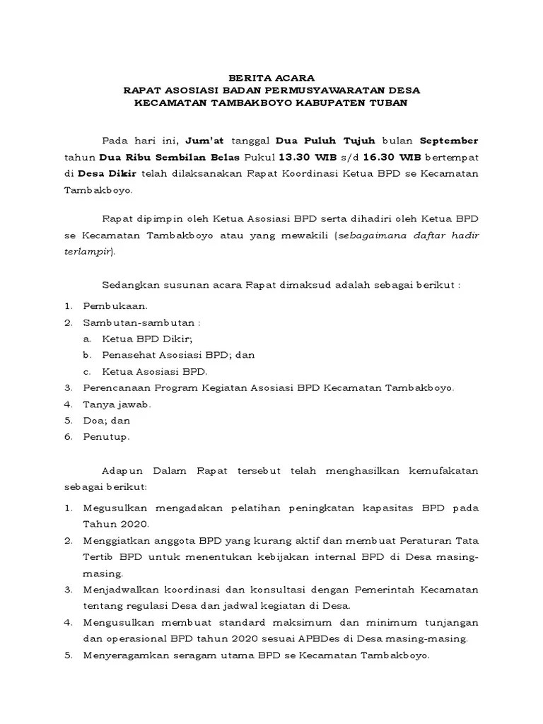 Berita Acara Rapat Asosiasi BPD | PDF