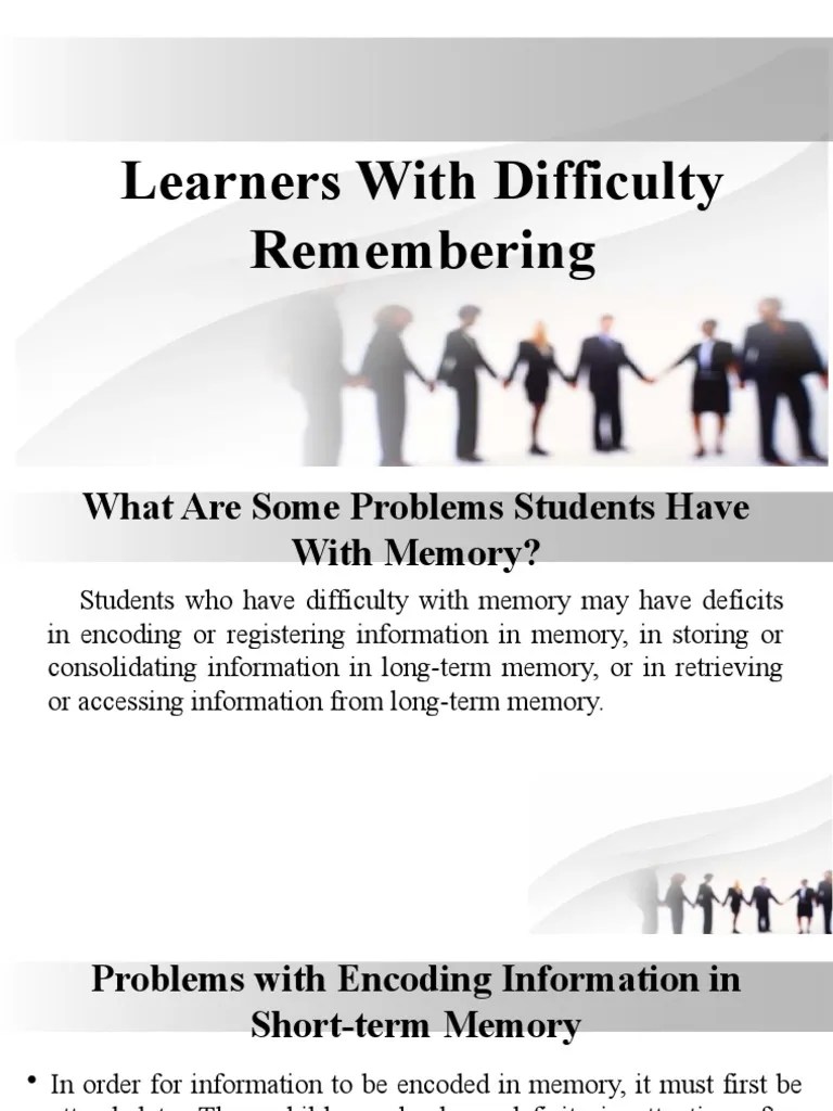 Learners With Difficulty Remembering PDF Recall (Memory) Memory