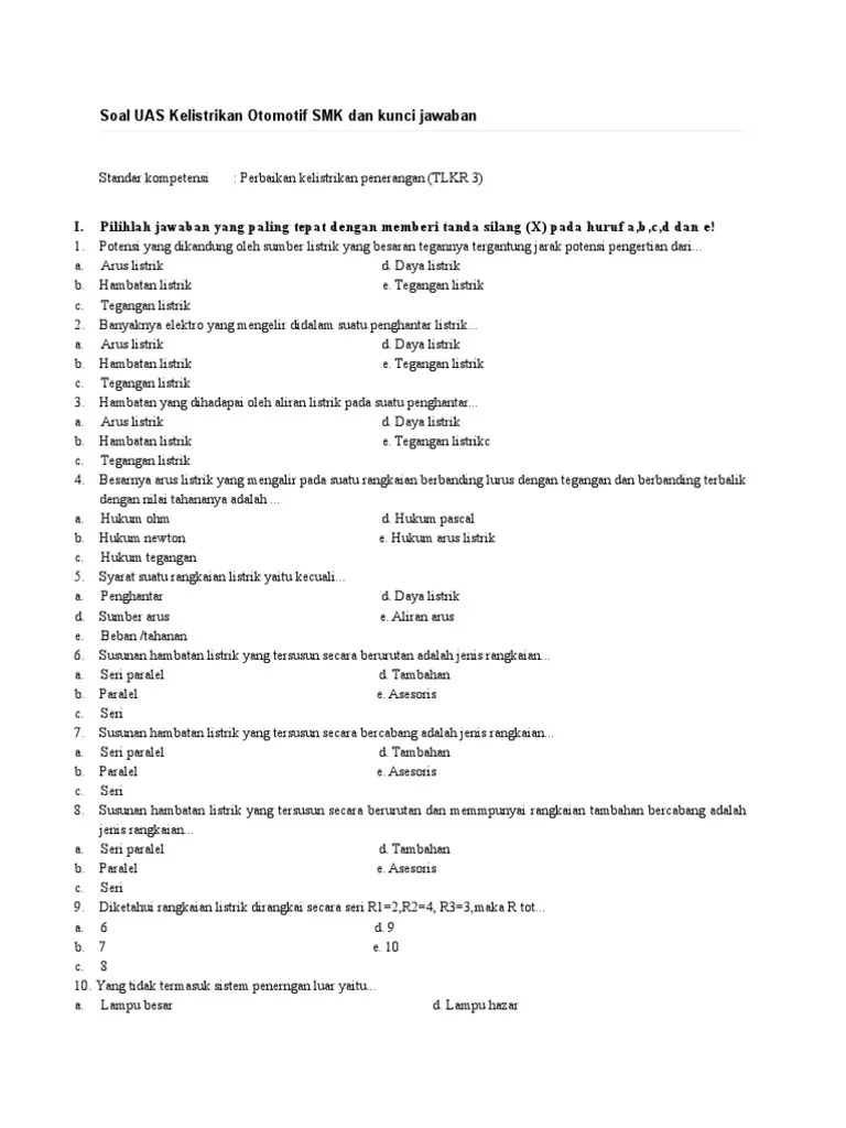 Soal Kelistrikan Otomotif Beserta Jawabannya Kelas Xi