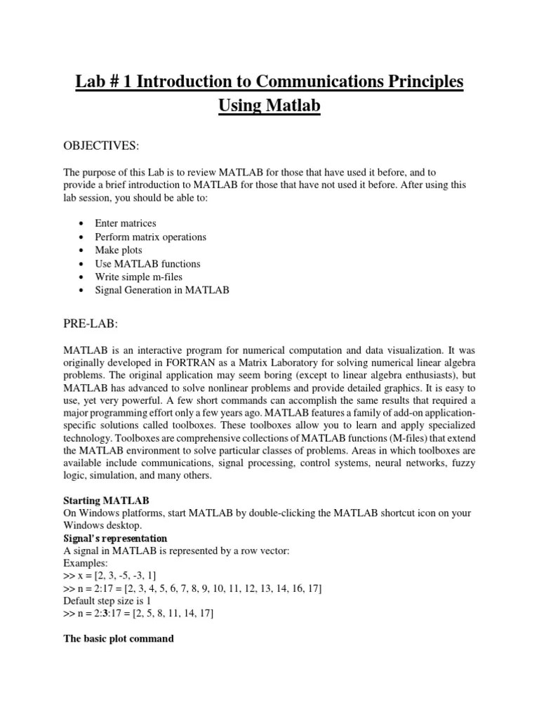 Lab 1 Introduction To Communications Principles Using Matlab PDF