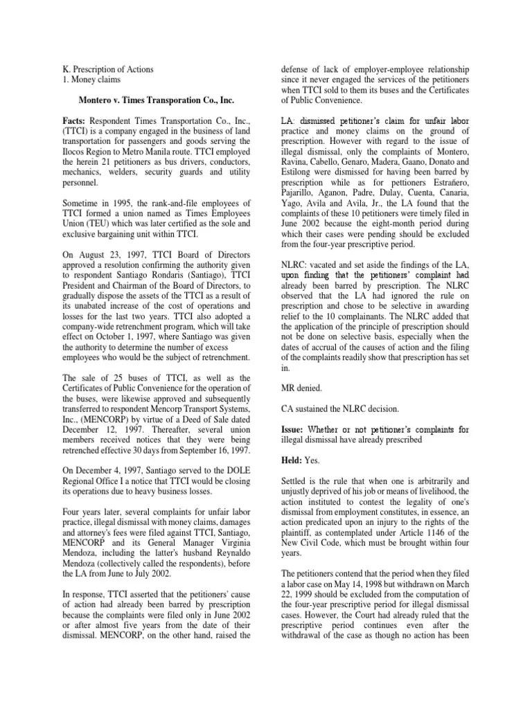 Prescription of illegal dismissal claims under the Labor Code and Civil