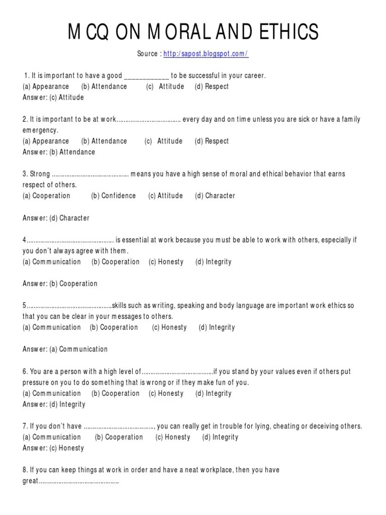 Moral and Ethics MCQ SAPOST Value (Ethics) Integrity