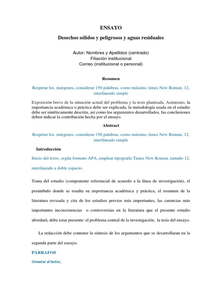 Formato de Ensayo Ensayos Estilo apa