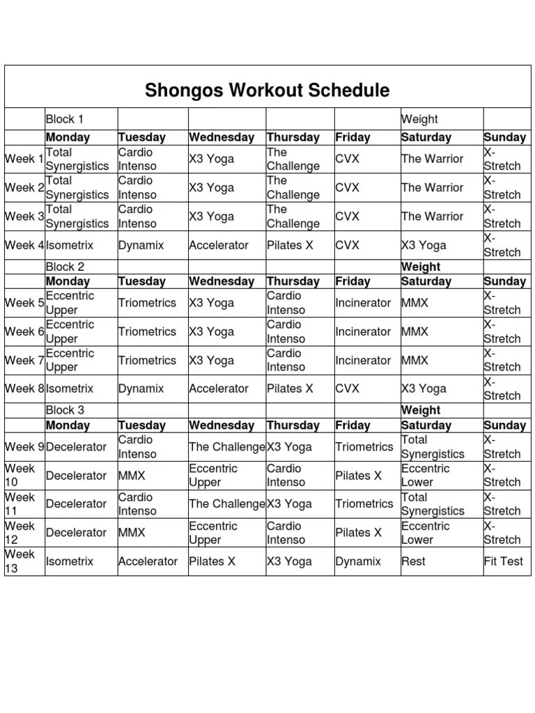 P90X3 Workout Schedule PDF Sports
