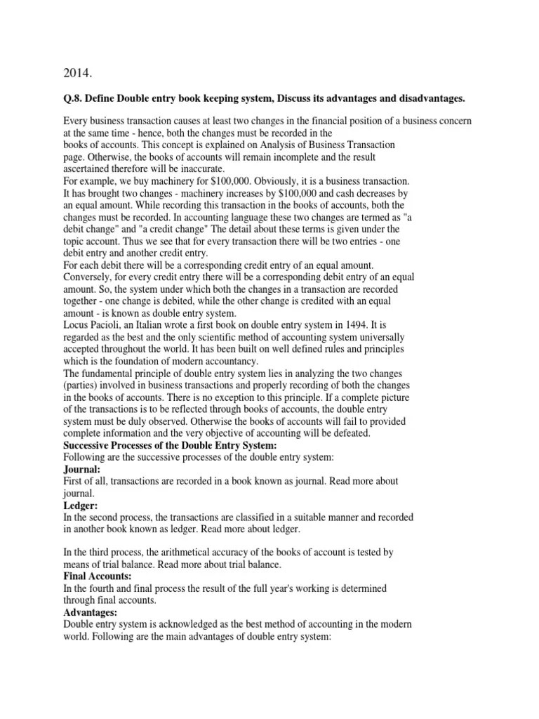 Q.8. Define Double Entry Book Keeping System, Discuss Its Advantages