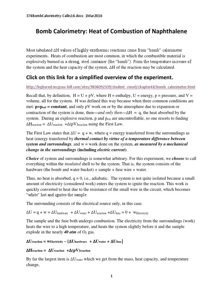 Bomb Calorimetry Heat of Combustion of Naphthalene Click On This Link