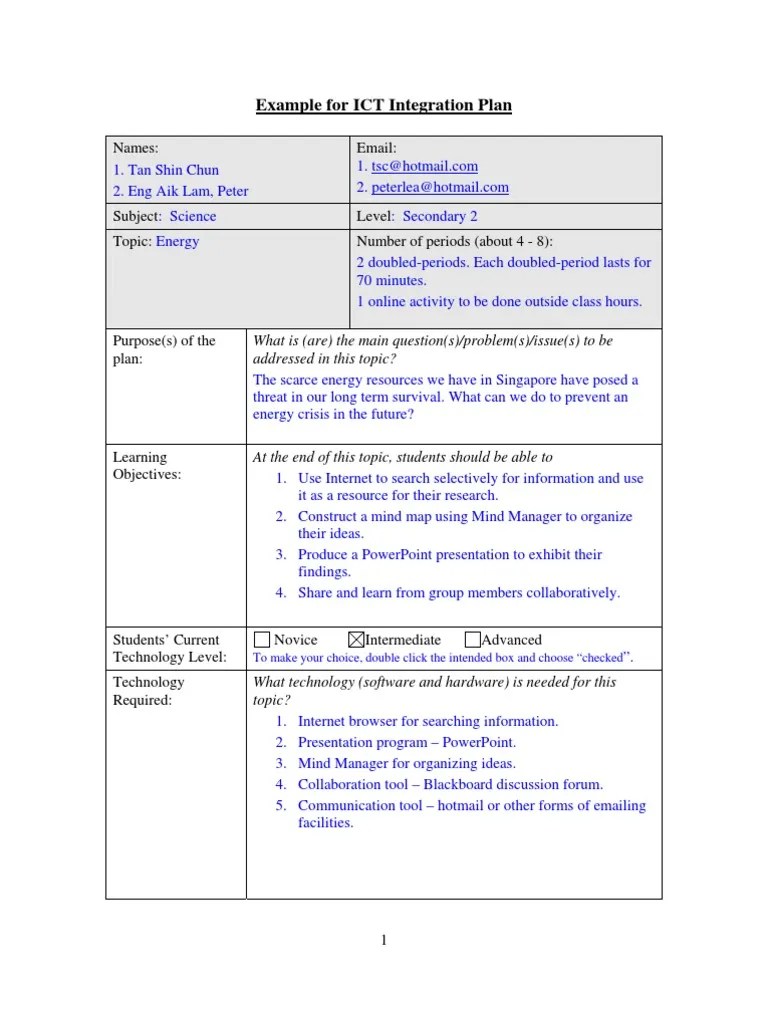 Example for ICT Integration Plan Educational Technology Forum