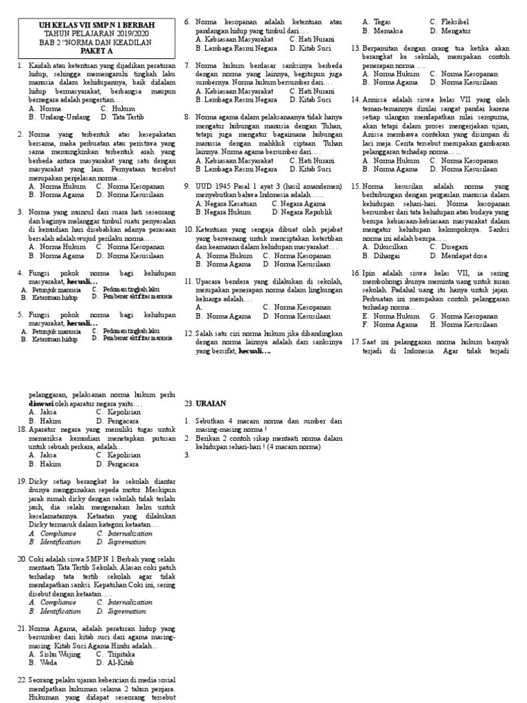 Kelas VII - Ulangan Harian Bab 2 (Norma Dan Keadilan) Paket A | PDF