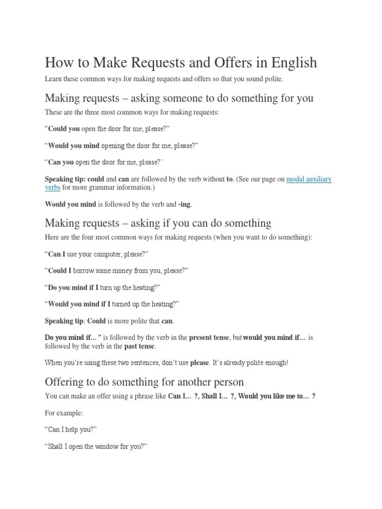 How To Make Requests and Offers in English PDF Grammatical Tense Verb