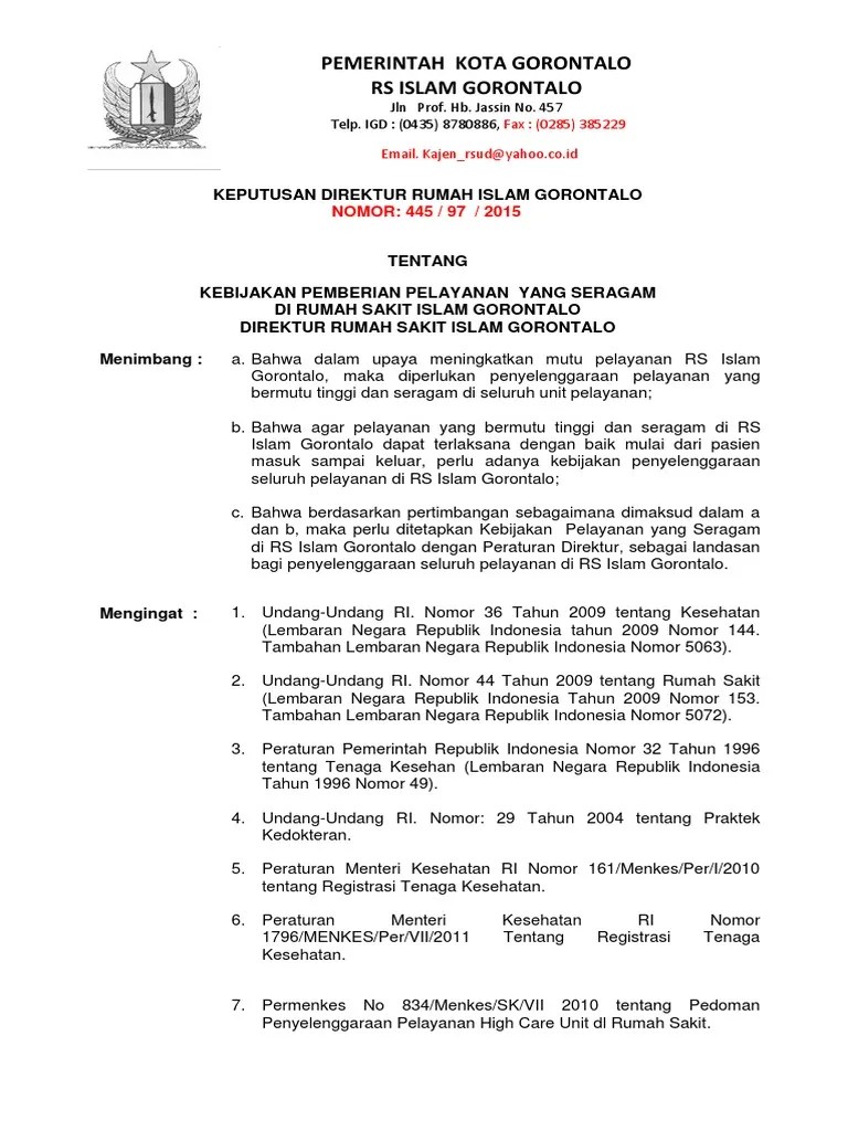 SK Kebijakan Pelayanan Yang Seragam Rumah Sakit Islam Gorontalo | PDF
