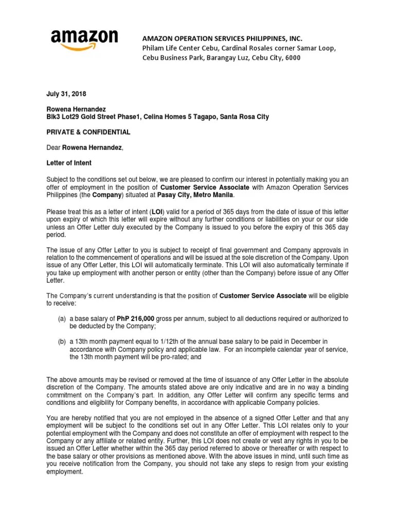 Letter of Intent for Potential Employment as a Customer Service