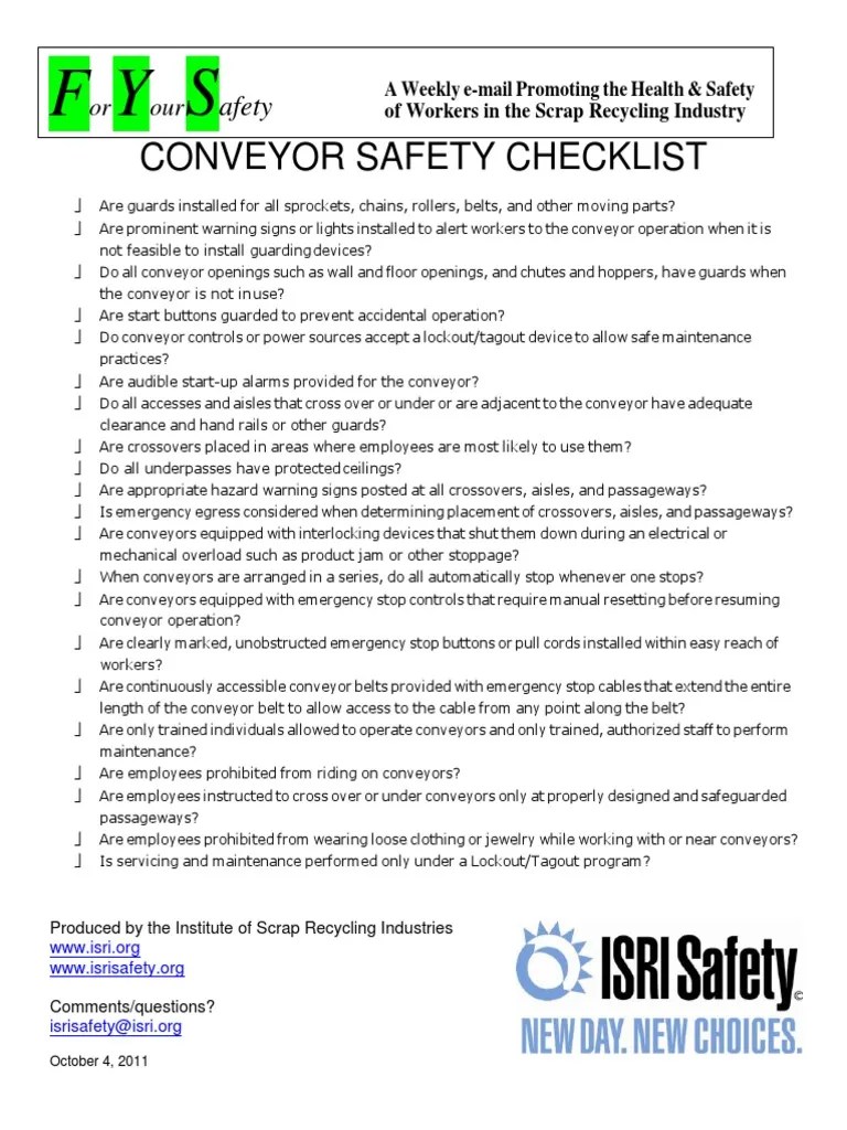 Conveyor Safety Checklist PDF Prevention Safety