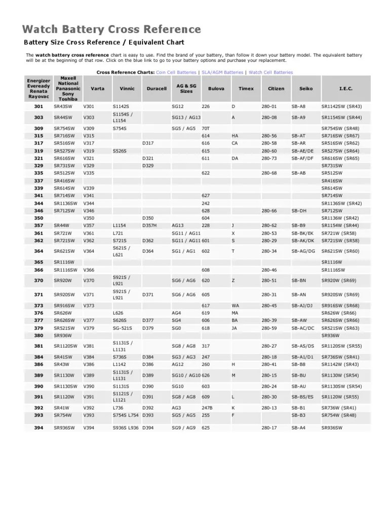 Watch Battery Cross Reference - Chart Guide | PDF | Companies | Energy Storage