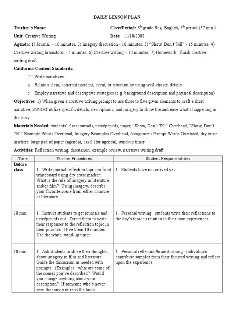 Lesson Plan Creative Writing PDF Lesson Plan Homework