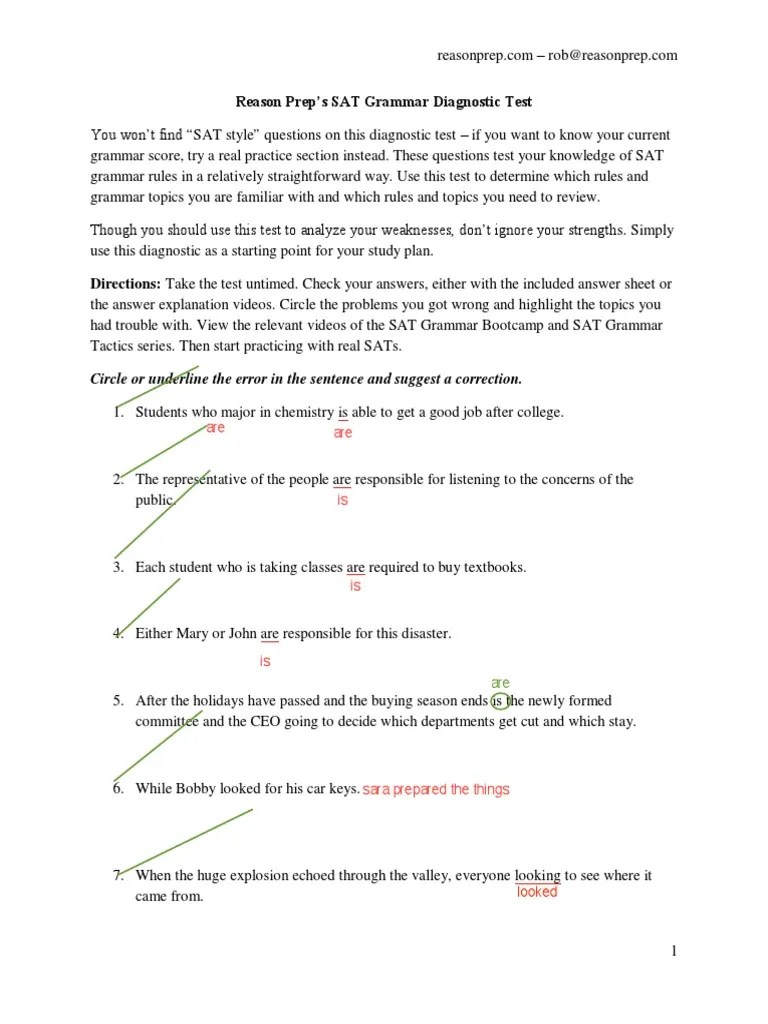 Reason Prep's SAT Grammar Diagnostic Test Circle or Underline The