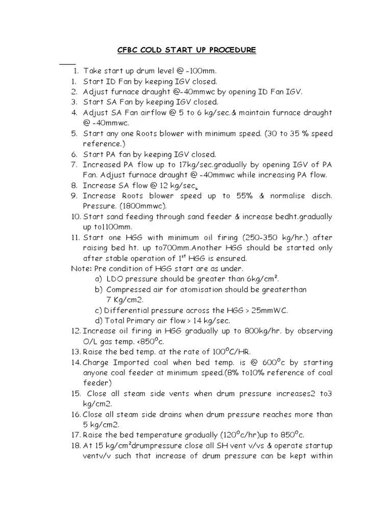 CFBC Cold Start Up Procedure PDF Boiler Heating, Ventilating, And