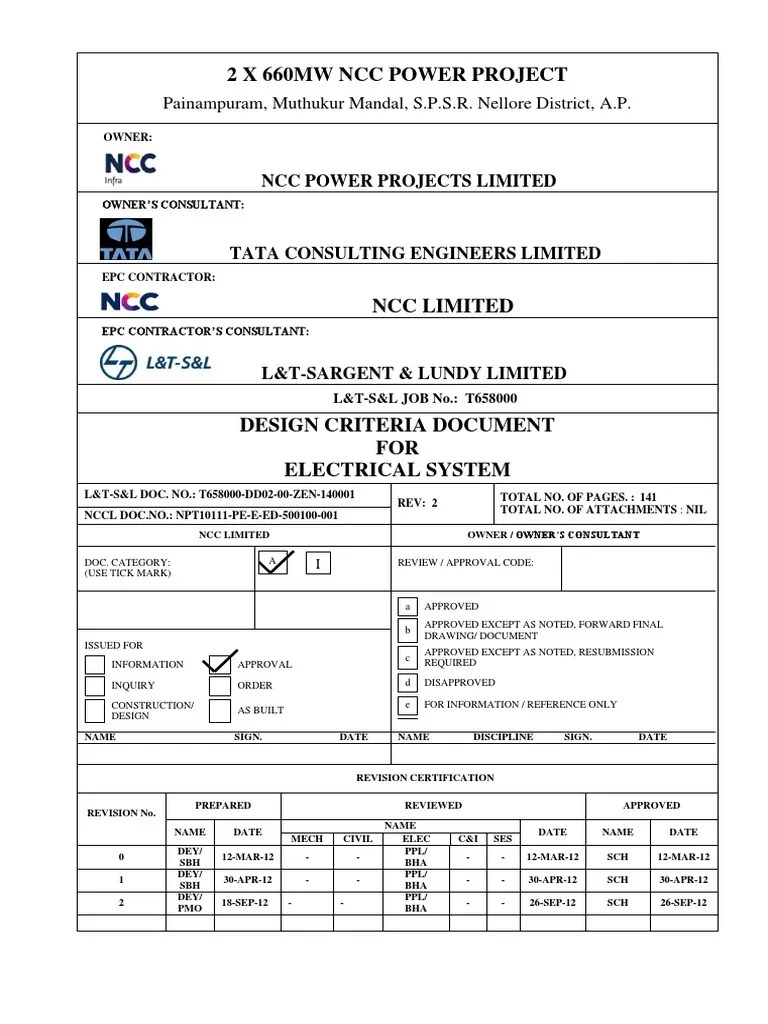 Design Criteria Document of Electrical Systems For 2 X 660 MW Thermal