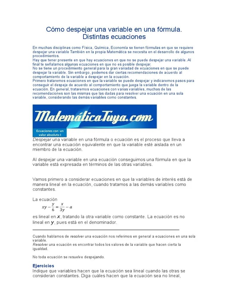 Cómo Despejar Una Variable en Una Fórmula PDF Variable (Matemáticas