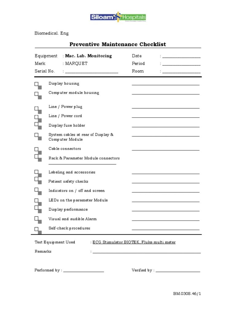 Preventive Maintenance Checklist Biomedical. Eng PDF