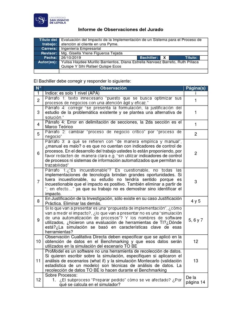 Ejemplo Informe de Observaciones de Un Trabajo de