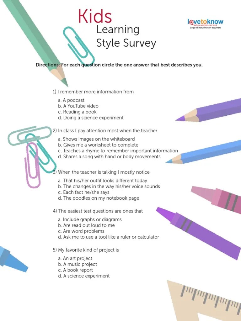 3923 Kids Learning Style Survey PDF Behavior Modification Psychological Concepts