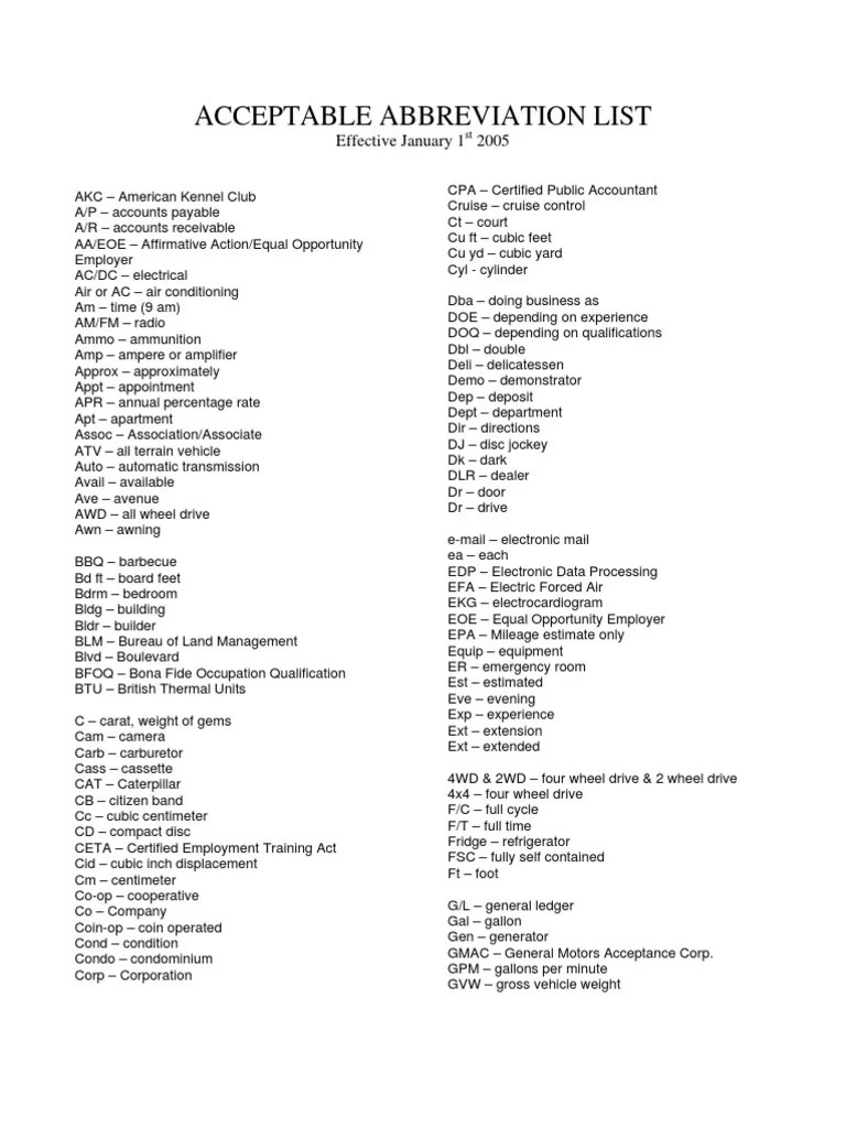 Acceptable Abbreviation List Effective January 1 2005