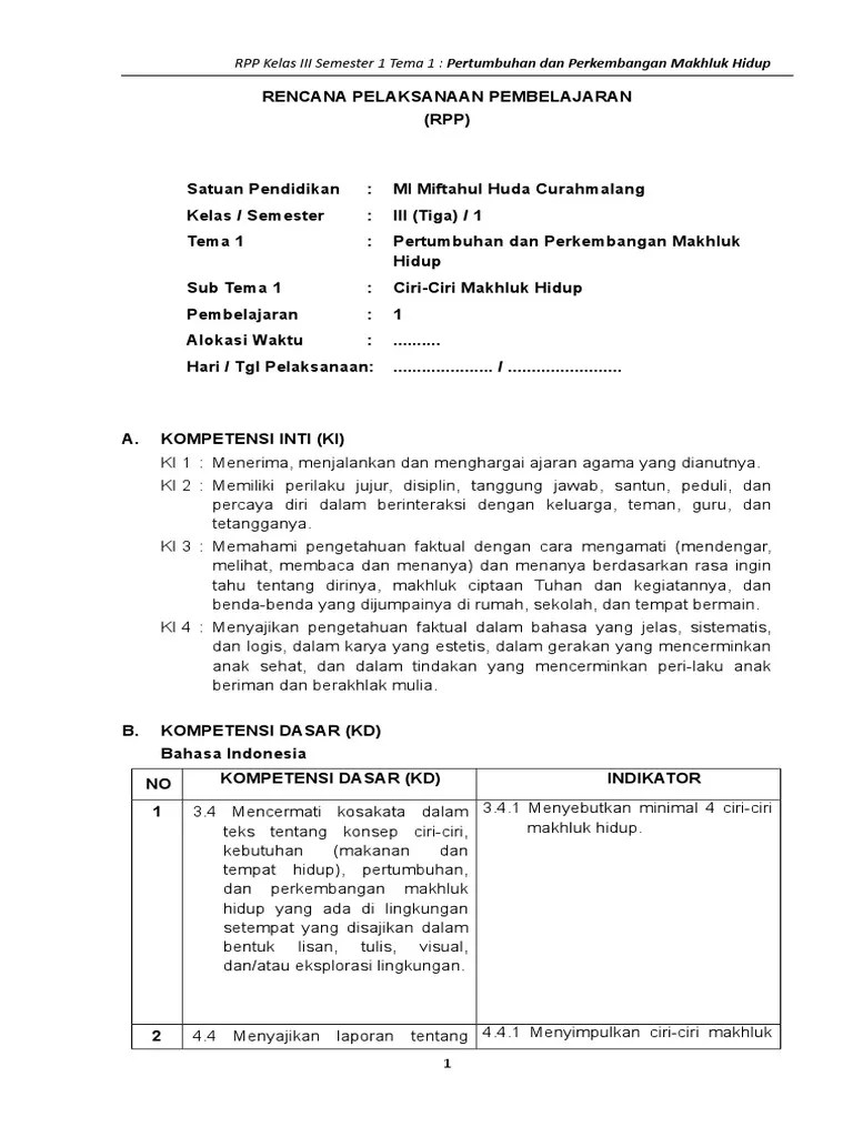 RPP Kls 3 Tema 1 Sub Tema 1 Pembelajaran 5 | PDF