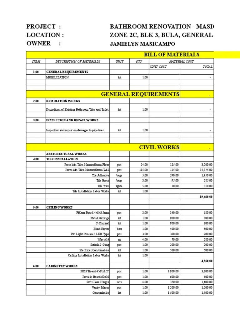BOQ Bathroom Renovation PDF Tile Bathroom