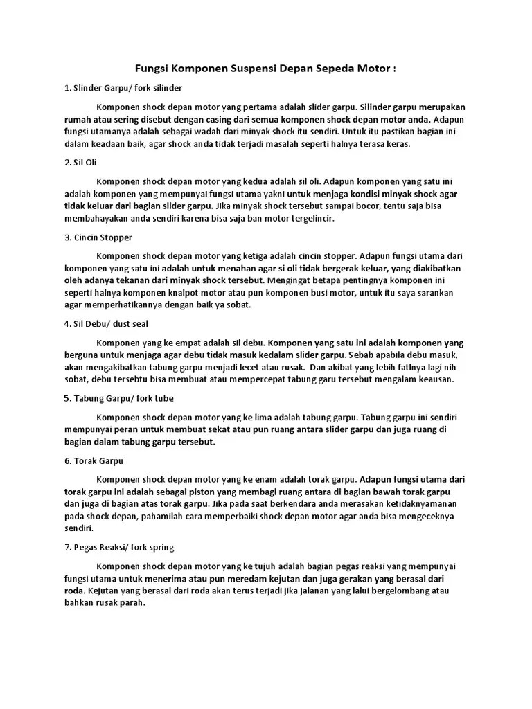 Fungsi Komponen Suspensi Depan Sepeda Motor | PDF