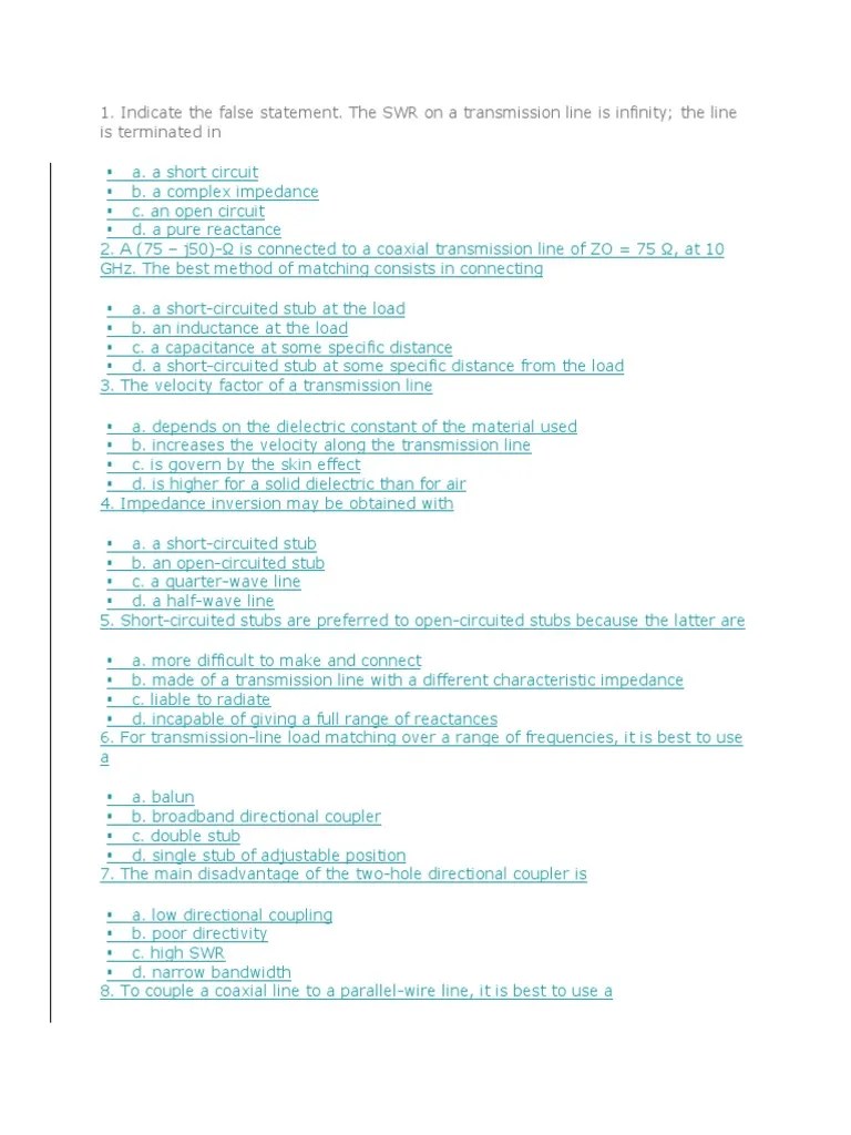 Transmission Line MCQ 2 PDF Transmission Line Electrical Impedance