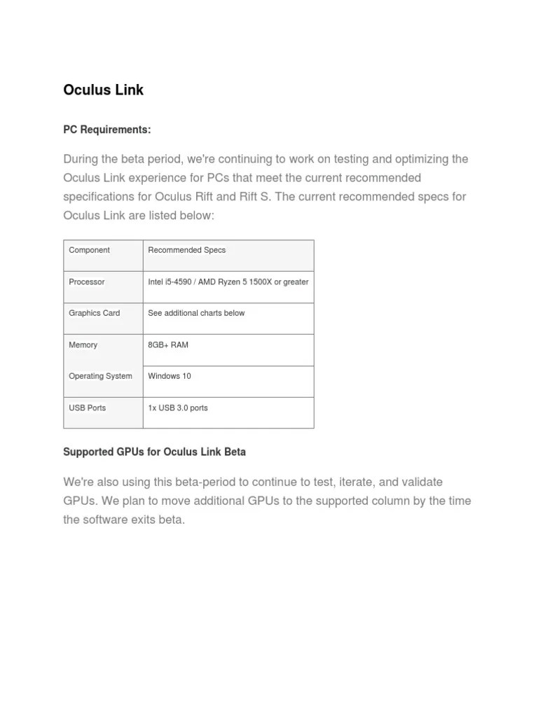 Oculus Link Compatibility Instructions Graphics Processing Unit