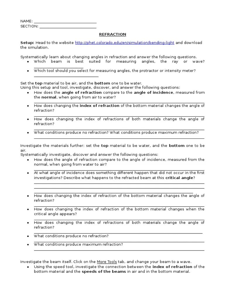 Phet Worksheet PDF Refraction Refractive Index