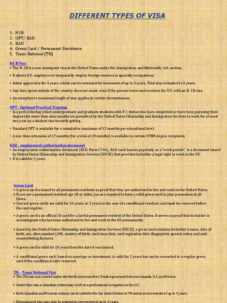 Different Types of Visa 1. H1B 2. Opt/ Ead 3. EAD 4. Green Card