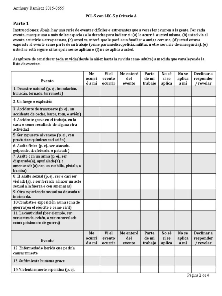 PTSD Checlist for DMS5 With Life Events Checklist for DSM5 and