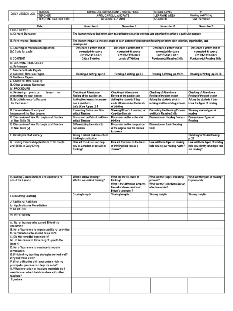 DLL Reading and Writing PDF Critical Thinking Learning