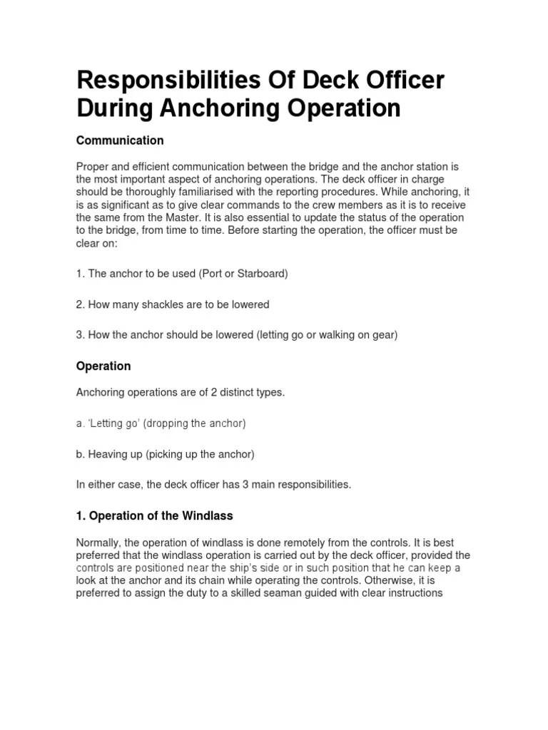 Responsibilities of Deck Officer During Anchoring Operation PDF