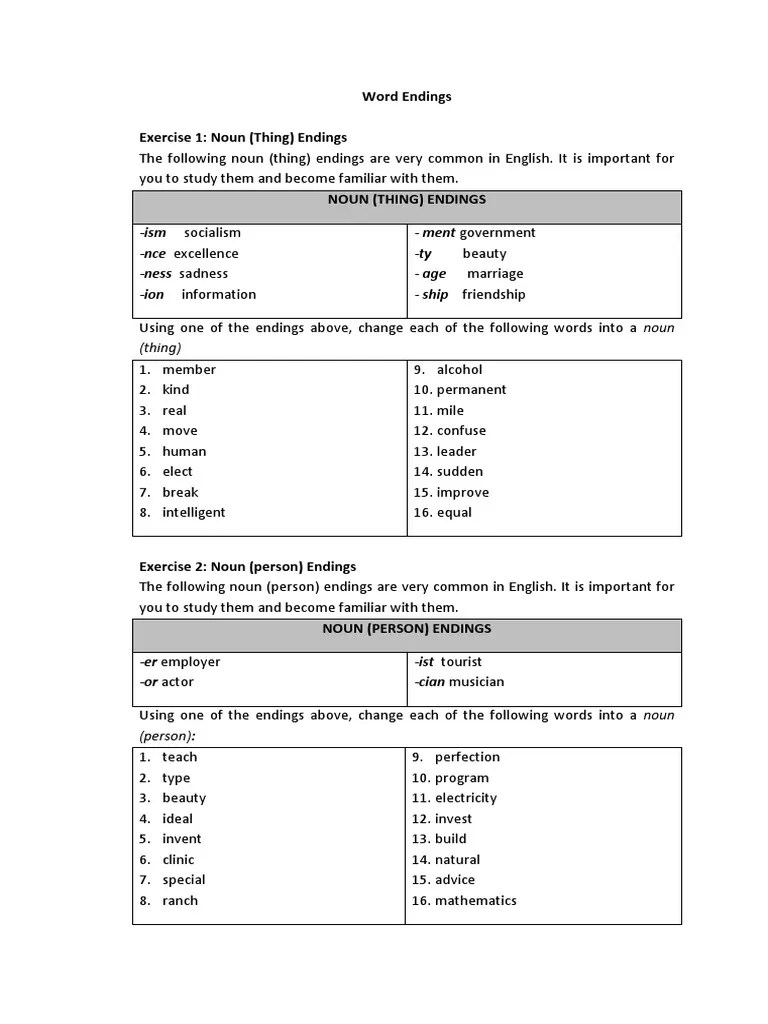 Word Endings PDF Adjective Noun