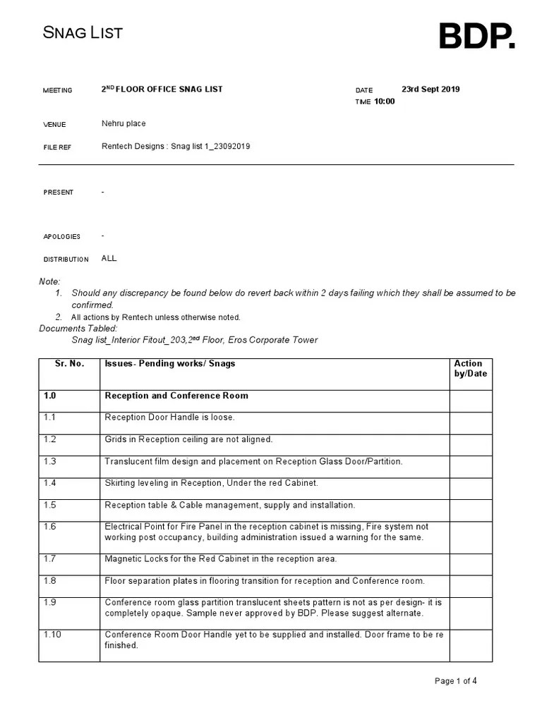 Snag List PDF Wall Building Engineering