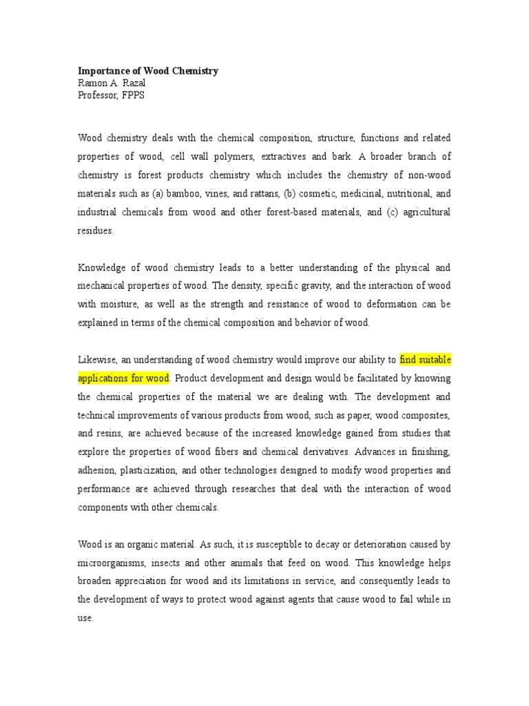 HO1 Importance of Wood Chemistry PDF Wood Biofuel