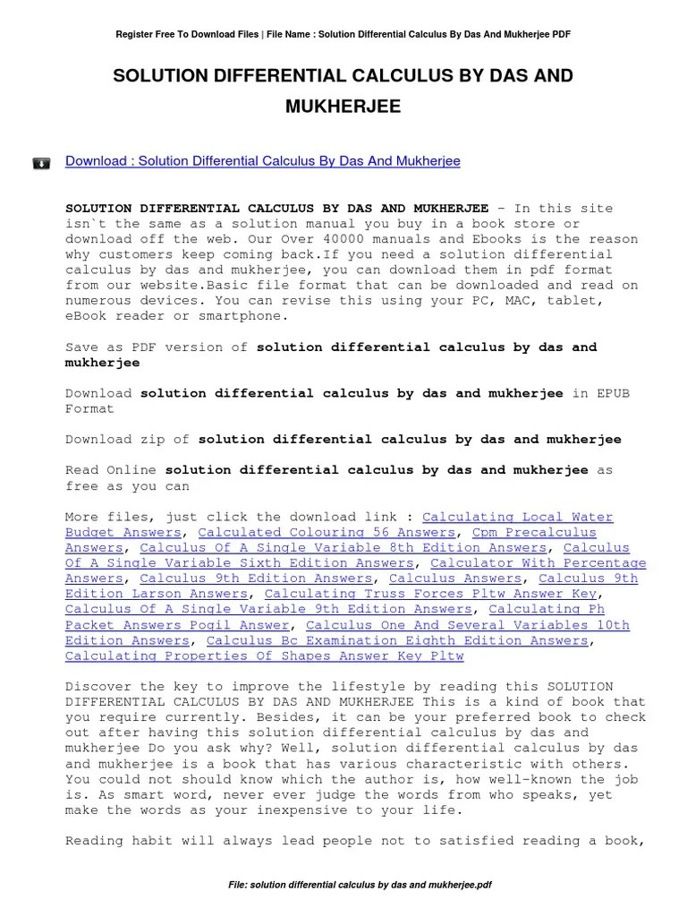 Solution Differential Calculus by Das and Mukherjee PDF E Books