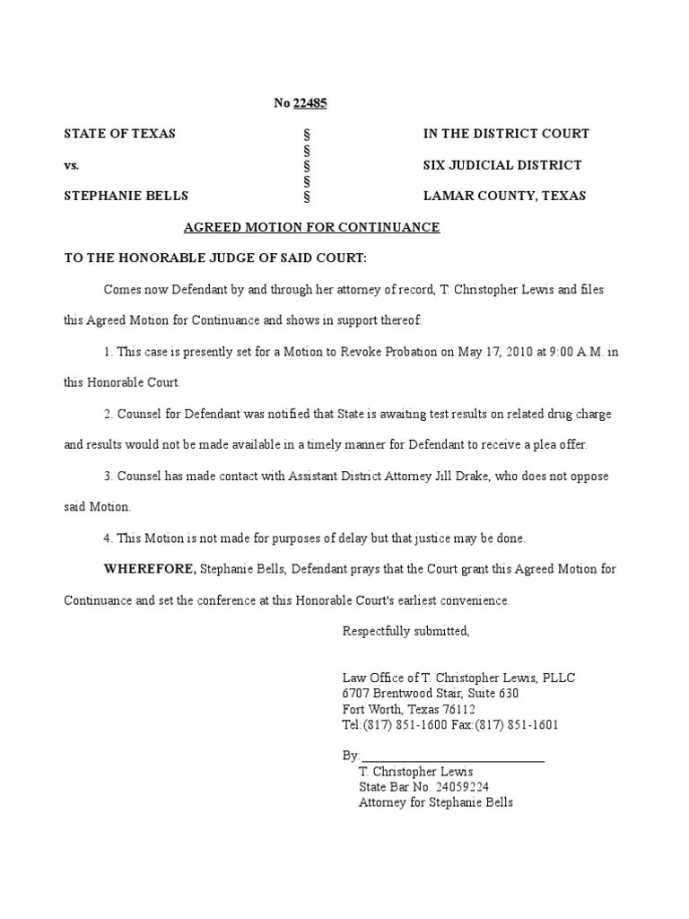 Agreed Motion for Continuance Bells Lawyer Courts