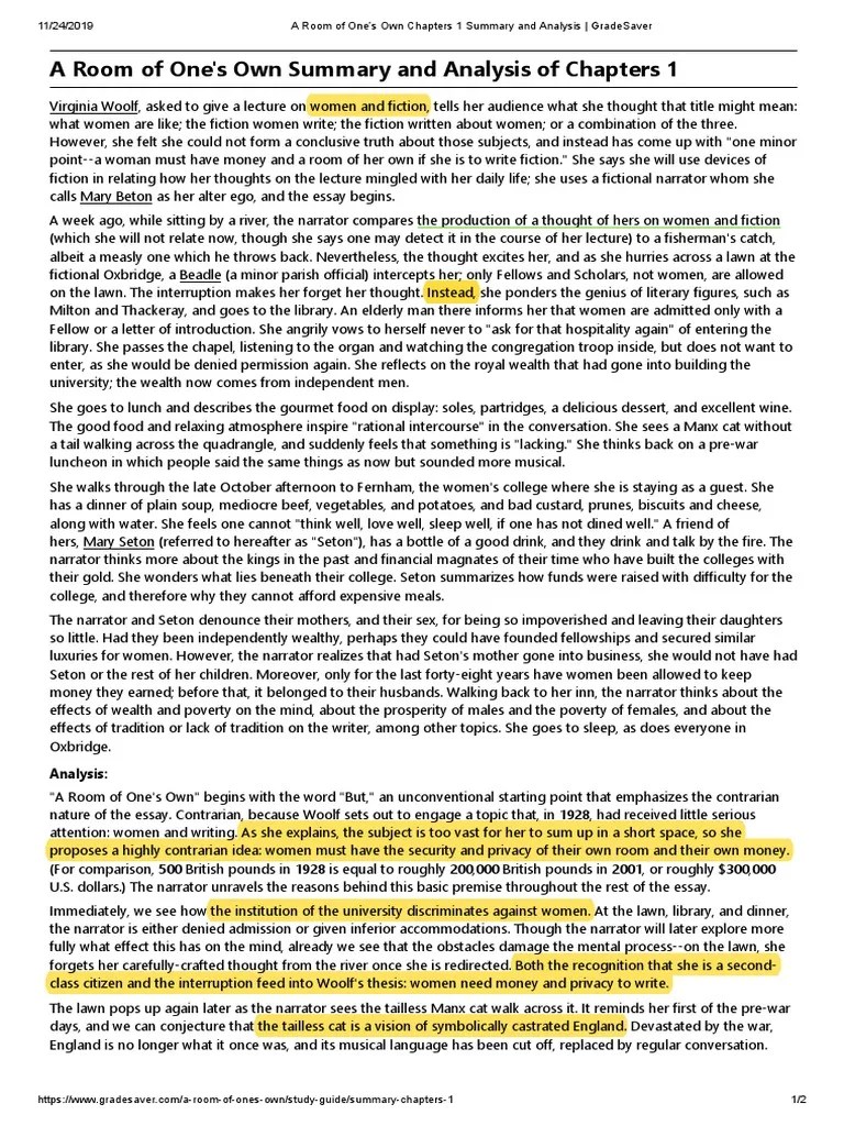 A Room of One's Own Summary and Analysis PDF A Room Of One's Own