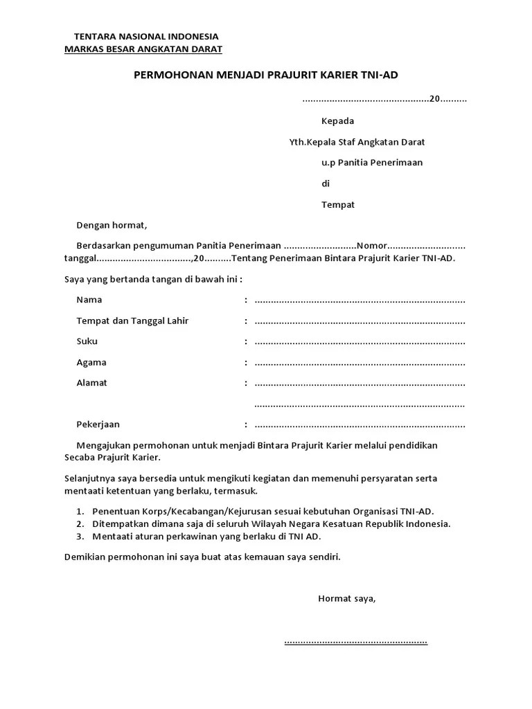 Surat Lamaran Menjadi Prajurit Tni – Belajar