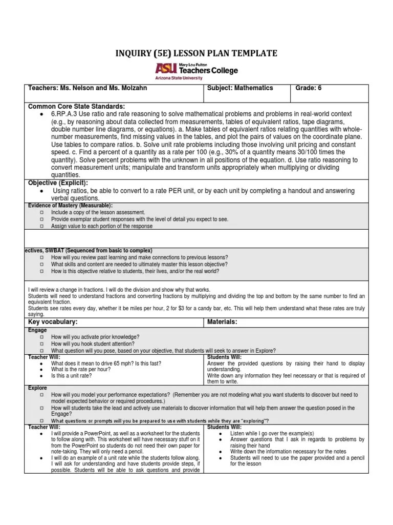 Inquiry 5e Lesson Plan Template 3 PDF Ratio Lesson Plan
