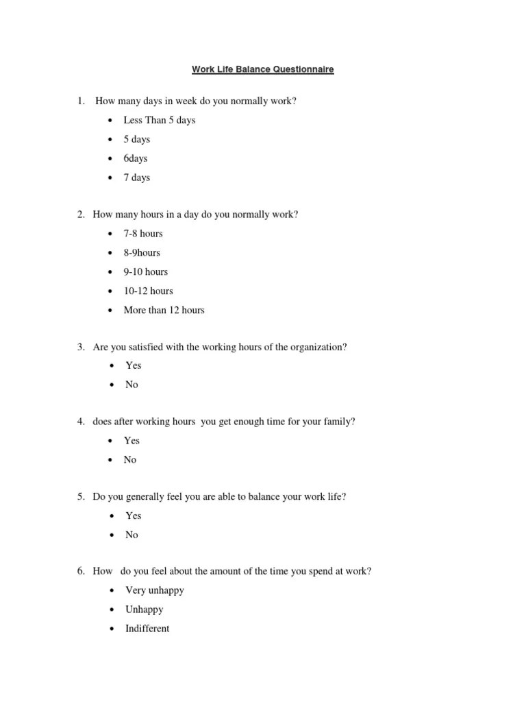 Work Life Balance Questionnaire