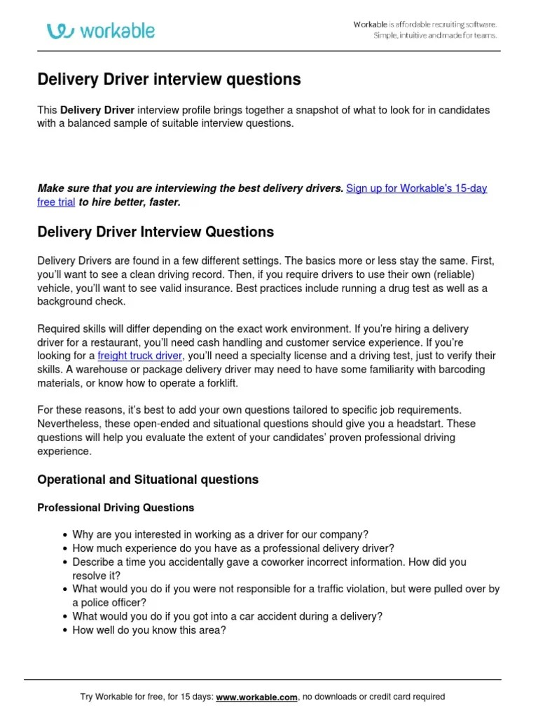 Delivery Driver Interview Questions PDF Truck Driver Interview