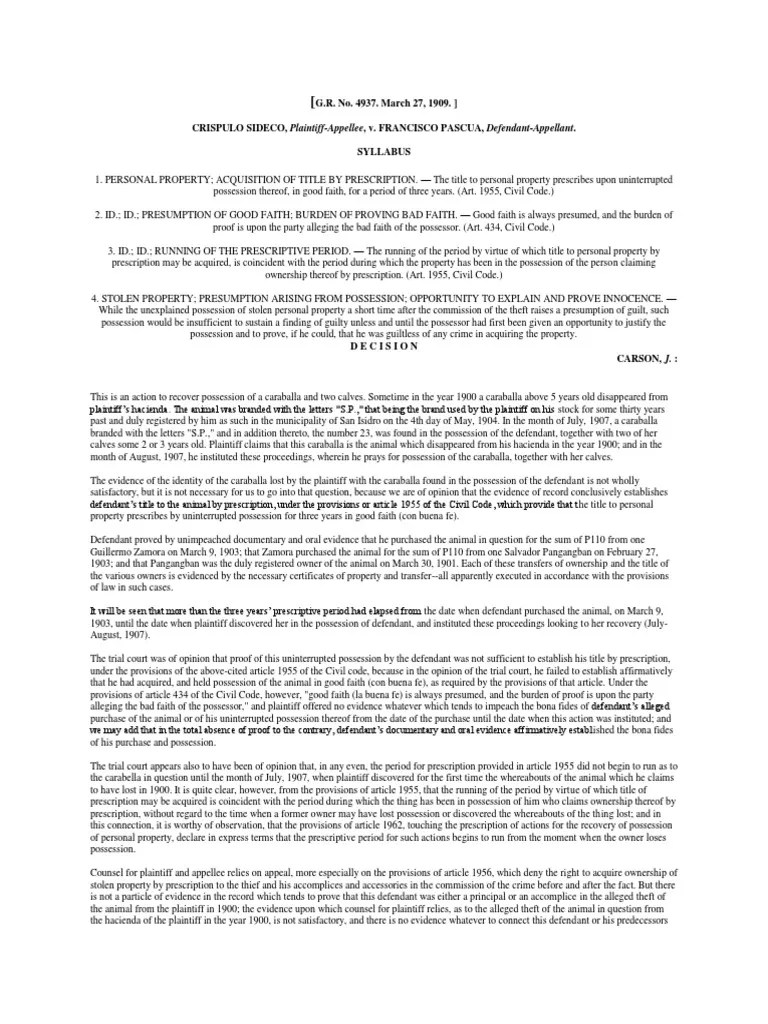 Sideco Vs Pascua S PDF Theft Statute Of Limitations